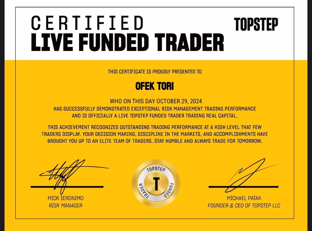 אישור Live Funded Trader של אופק טורי ב-TopStep